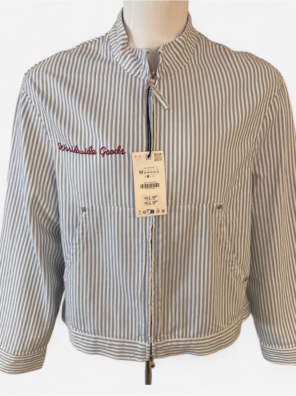 Zara Light Blue and White Striped Zip-Up Jacket